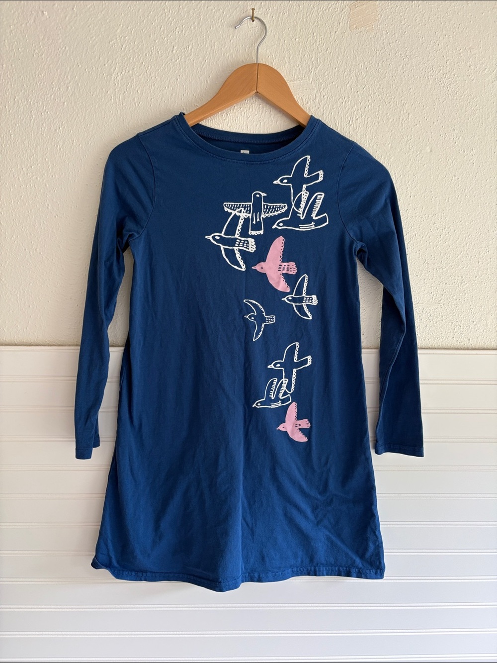 Tea Collection Navy Long-Sleeve Bird Print Dress with Pink Accents